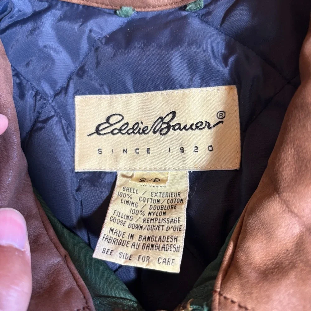 Vintage Eddie Bauer Mens Goose Down Field Coat Barn Jacket Green Suede‎ Collar S